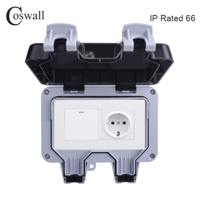 Outdoor Power Outlet Weatherproof - Coswall IP66全天候防水屋外壁電源ソケット16A eu標準コンセント1ギャング1ウェイのon/offライトスイッチ