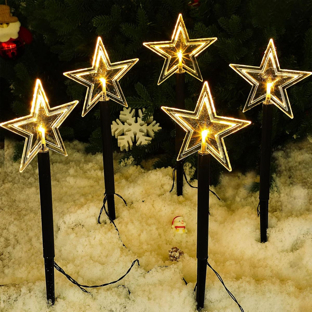 Outdoor Power For Xmas Lights - ソーラーパワークリスマスパパスライト、防水スノーフレーク、クリスマスツリー、ステークランプ付きスター、家の屋外の装飾に適しています、5個